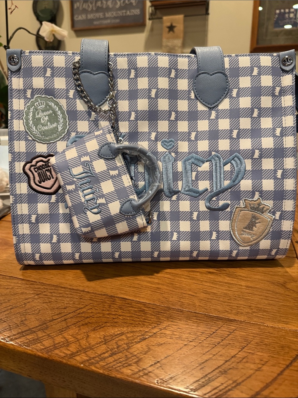 Juicy Couture Light Blue and White Gingham Tote with Patch Accents